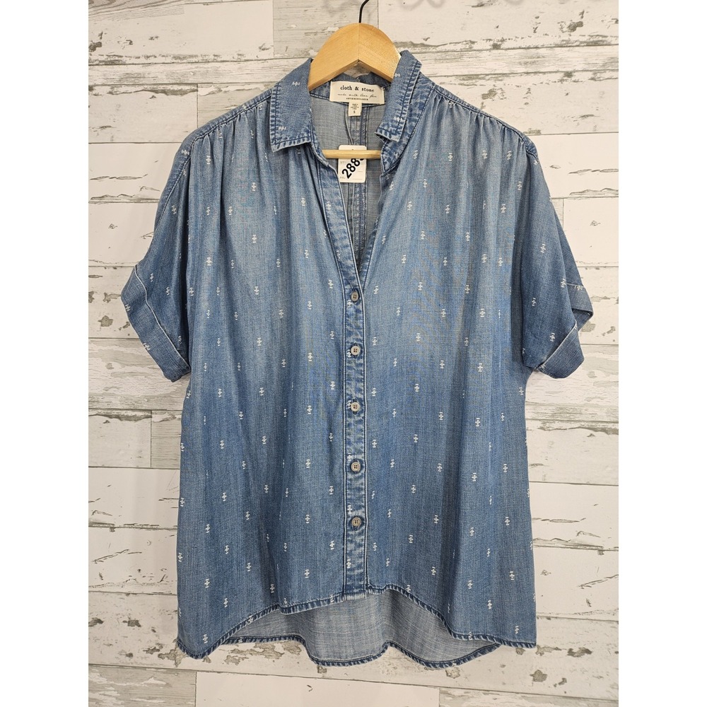 Cloth Stone Anthropologie Womens Small Chambray Button Up Shirt Geo Print - Picture 1 of 9